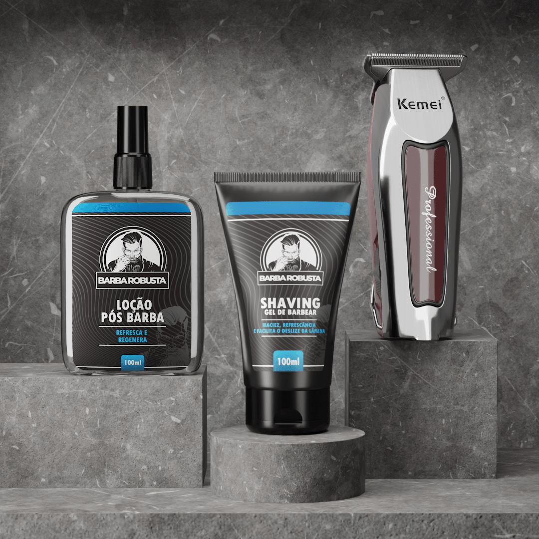 Kit Barbear Completo (Gel + Loção + Máquina Kemei) - Barba Robusta