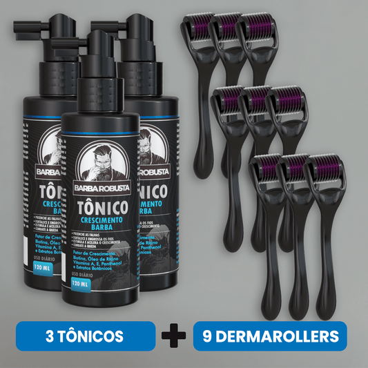 Kit Crescimento 3 Tônicos + 9 Derma Rollers (6 Meses de Uso) - Barba Robusta