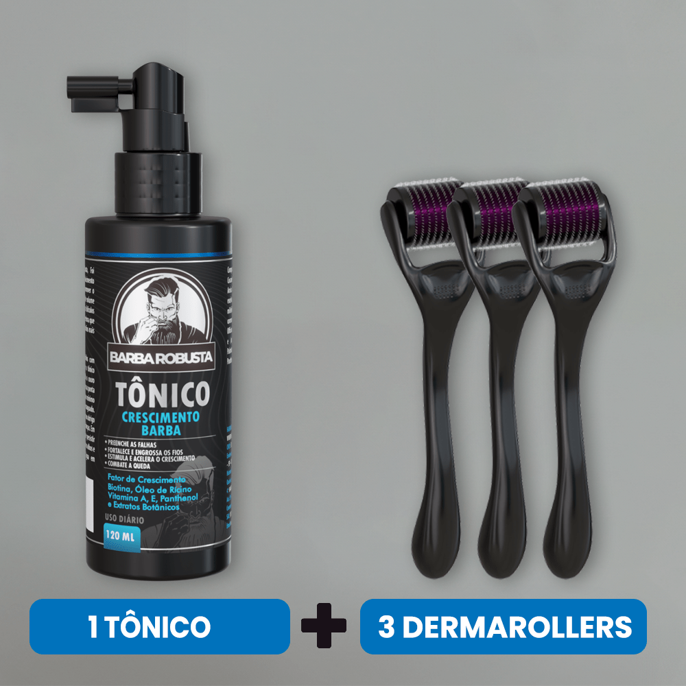 Kit Crescimento Tônico + 3 Derma Rollers (2 Meses de Uso) - Barba Robusta