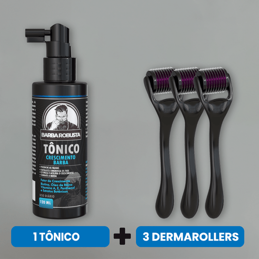 Kit Crescimento Tônico + 3 Derma Rollers (2 Meses de Uso) - Barba Robusta