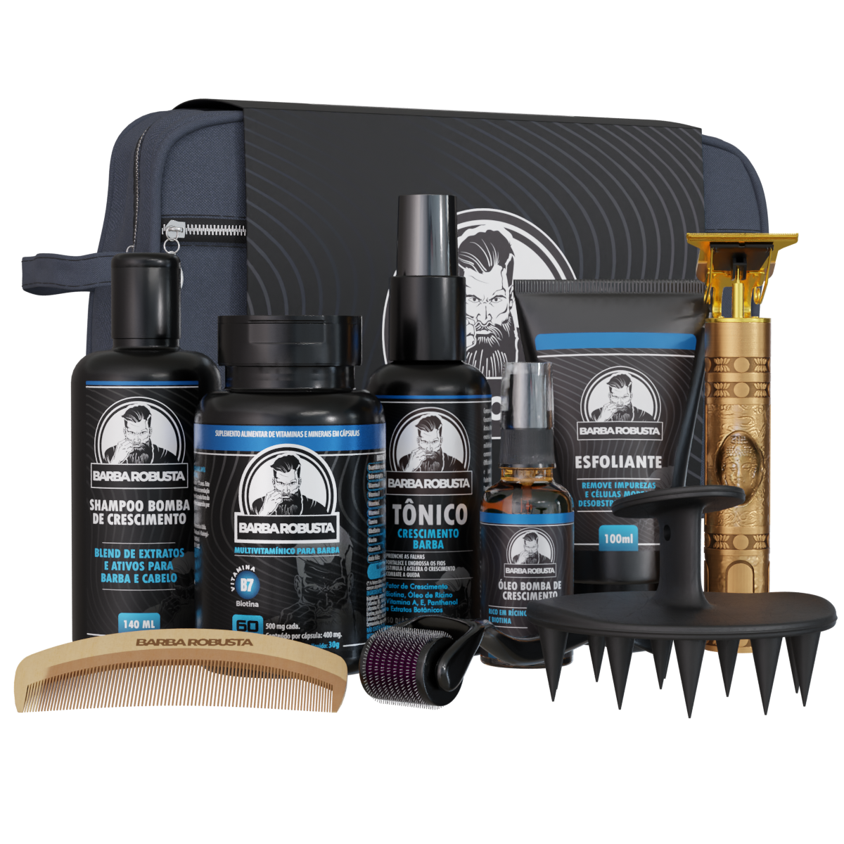 Kit Crescimento Premium Barba Robusta - Tônico, Multivitamínico, Esfoliante, Shampoo, Óleo, Derma Roller, Escova Estimulante, Pente de Madeira, Máquina e Necessaire