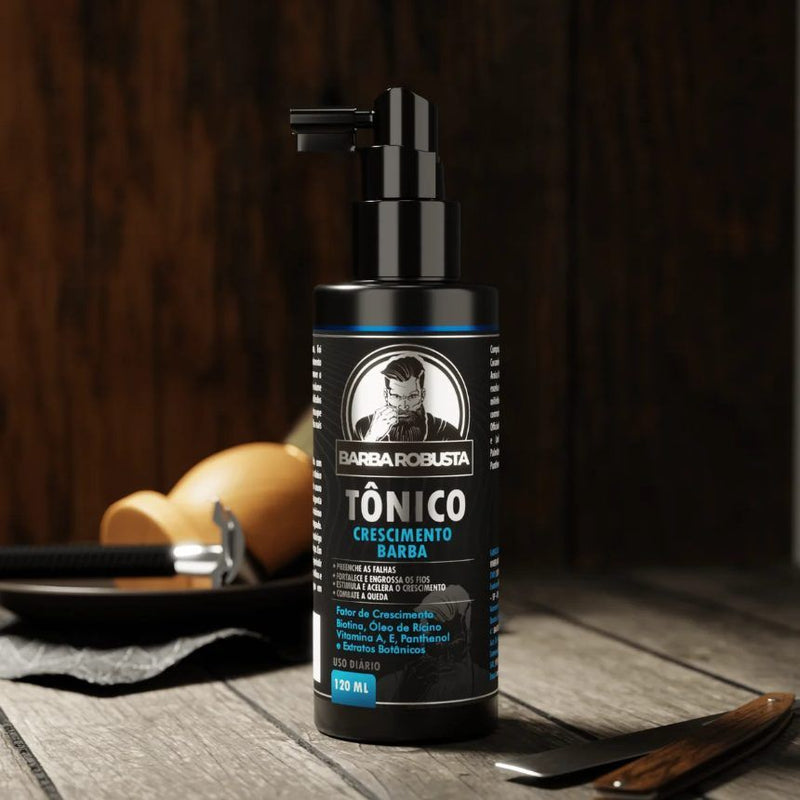 Tônico de Crescimento Barba Robusta sobre uma base de madeira