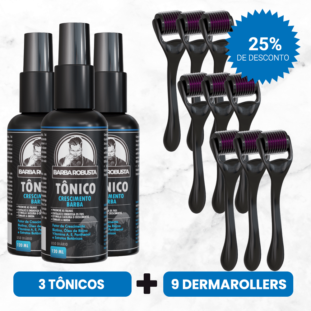 Kit Crescimento 3 Tônicos + 9 Derma Rollers (6 Meses de Uso) - Barba Robusta