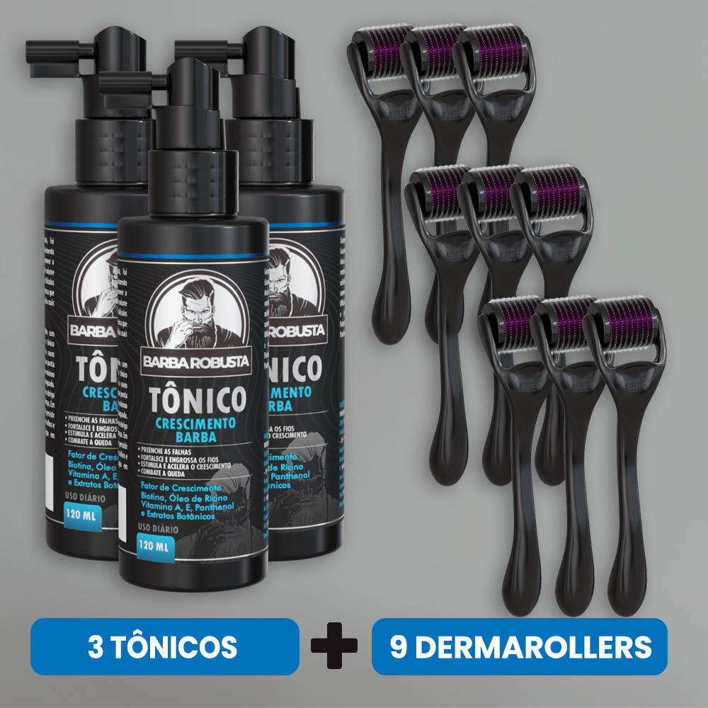 Kit Crescimento 3 Tônicos + 9 Derma Rollers (6 Meses de Uso) - Barba Robusta