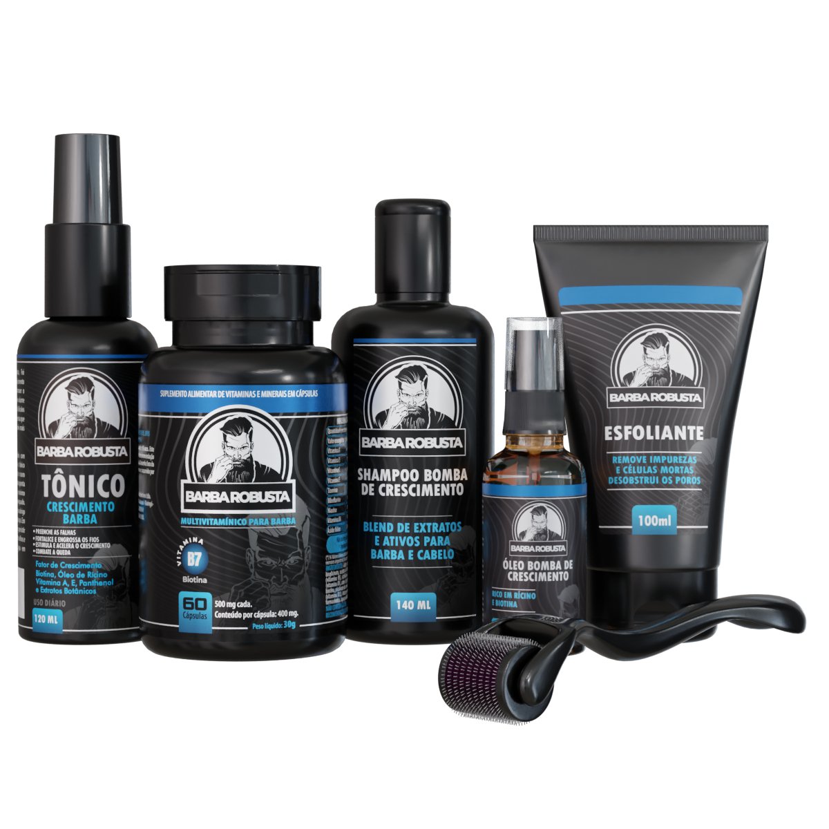 Kit Crescimento Pro Barba Robusta - Tônico, Multivitamínico, Esfoliante, Shampoo, Óleo e Derma Roller. O cuidado mais completo para crescimento da Barba