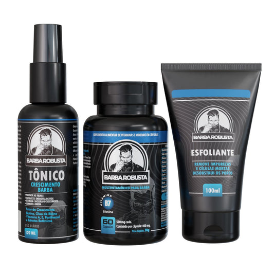 Kit Crescimento Start Barba Robusta - Combinação de Tônico, Multivitamínico e Esfoliante para Crescimento de Barba