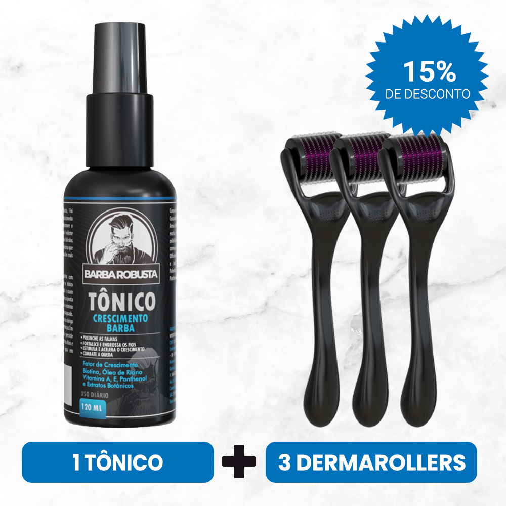 Kit Crescimento Tônico + 3 Derma Rollers (2 Meses de Uso) - Barba Robusta