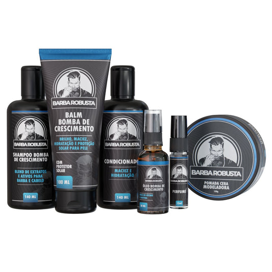 Kit Cuidados Prime Barba Robusta - Shampoo, Condicionador, Balm, Óleo, Perfume e Creme Modelador para Barba Saudável e Bonita