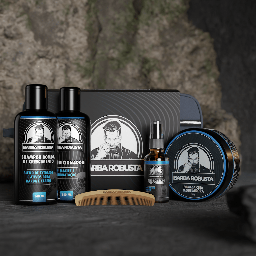 Kit Elite Barba Robusta - Combo de Manutenção (Shampoo + Condicionador + Óleo + Creme Modelador + Necessaire + Pente) - Barba Robusta