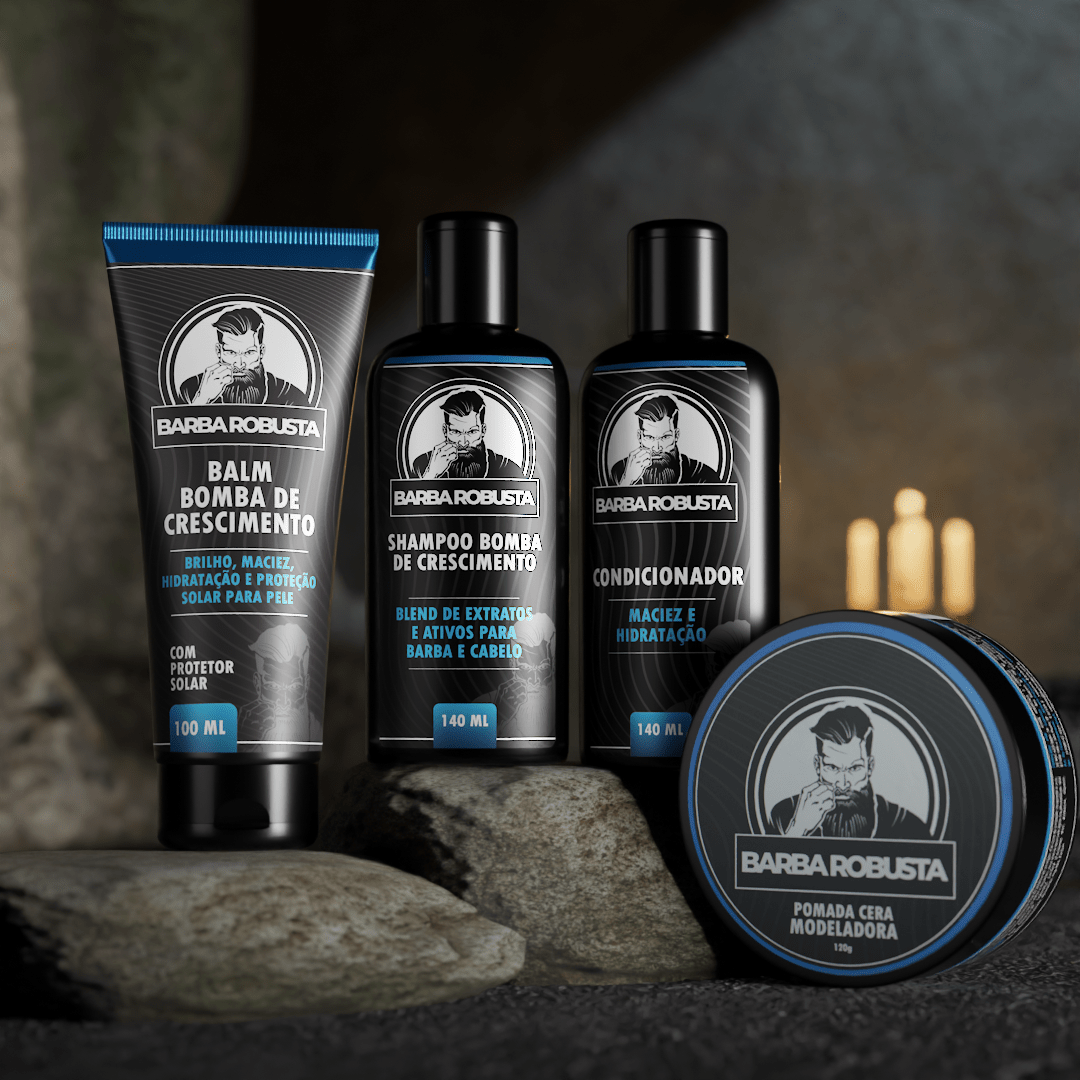 Kit Essencial Barba Robusta - Combo Completo de Higiene e Estilização (1 Shampoo + 1 Condicionador + 1 Balm + 1 Creme Modelador) - Barba Robusta