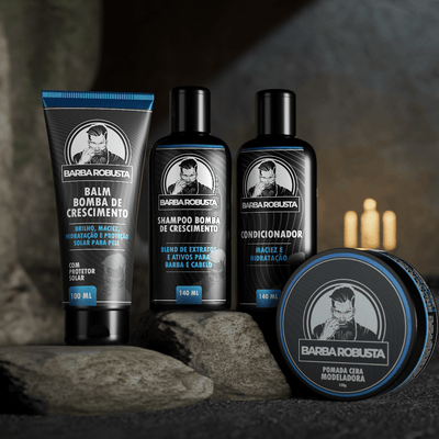 Kit Essencial Barba Robusta - Combo Completo de Higiene e Estilização (1 Shampoo + 1 Condicionador + 1 Balm + 1 Creme Modelador) - Barba Robusta